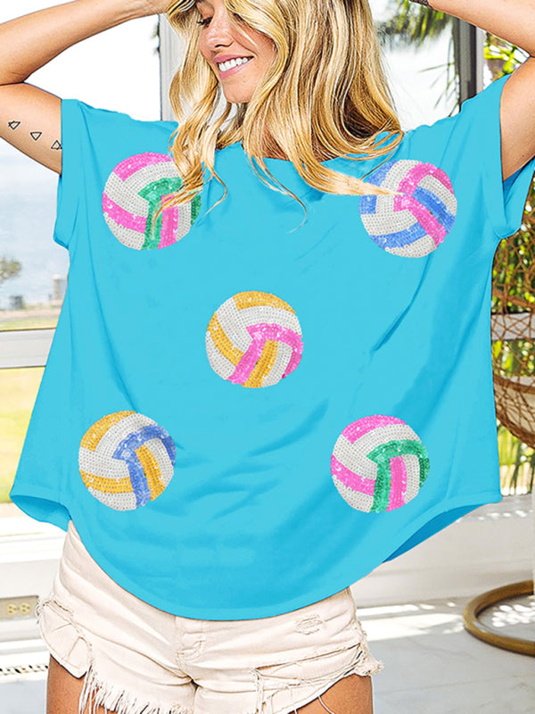 Levoire | Nouvelle couleur Ball paillettes broderie sweat rond col T-shirt à manches courtes top Bleu