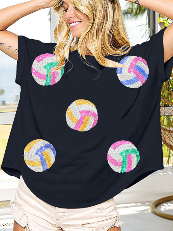 Levoire | Nouvelle couleur Ball paillettes broderie sweat rond col T-shirt à manches courtes top Noir