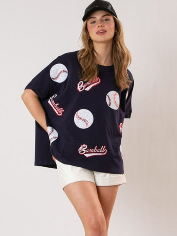 Levoire | Nouveau pull en tricot brodé de paillettes en lettres anglaises à manches courtes Noir
