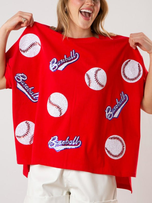 Levoire | Nouveau pull en tricot brodé de paillettes en lettres anglaises à manches courtes Rot