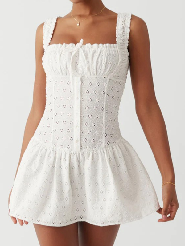 Levoire | Nouvelle robe à épaules taille carrée française sweet côte de vacances jupe en A Blanc