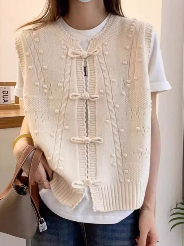 Levoire | Design de col pointu tridimensionnel à broche gilet tricoté loose doux cireux superposé Krem TAILLE UNIQUE