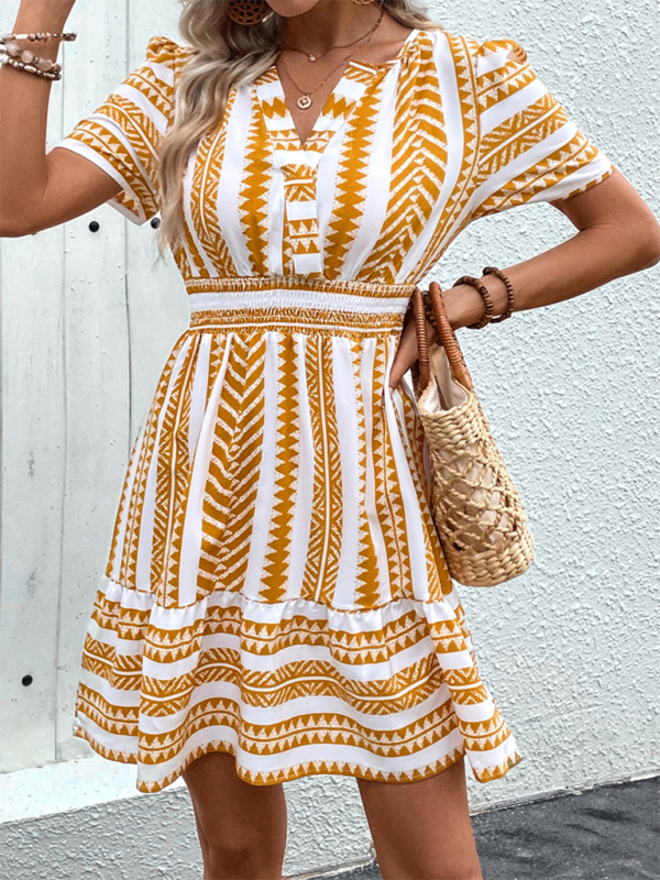 Levoire | Femme V neck Bohème V neck Manches courtes Robe imprimée Jaune