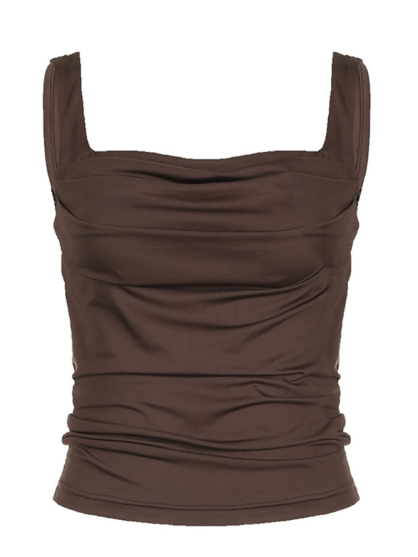 Levoire | Femme Uni Design Plissé Carré Décolleté Polyvalent Simple Haut Sans Manches Chemise