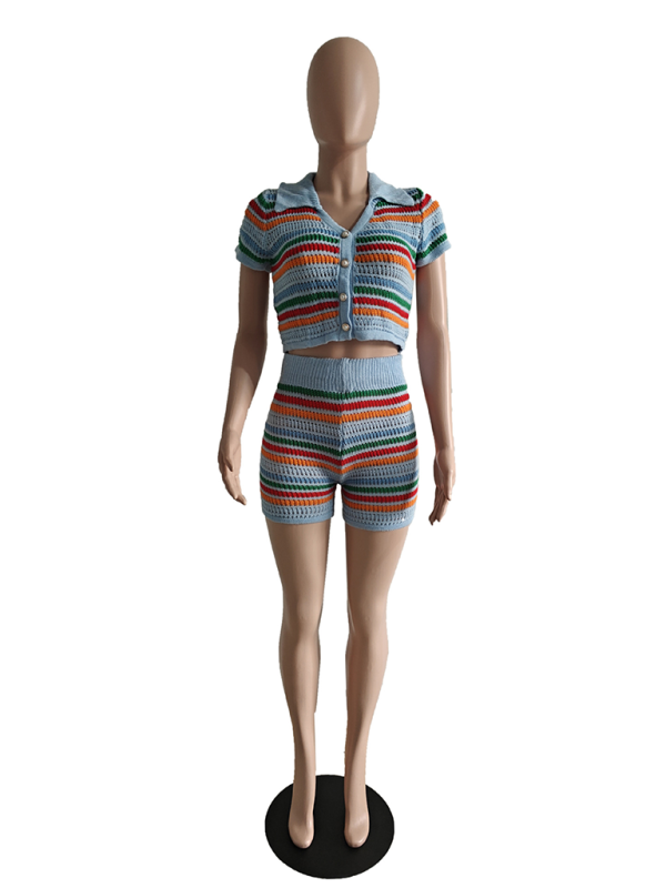 Levoire | Nouvelle combinaison short en denim tricotée sexy à contraste manches courtes