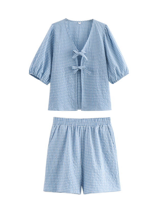 Levoire | Nouveaux ensembles de blouse de travail à lacets pour femmes + shorts à carreaux Bleu