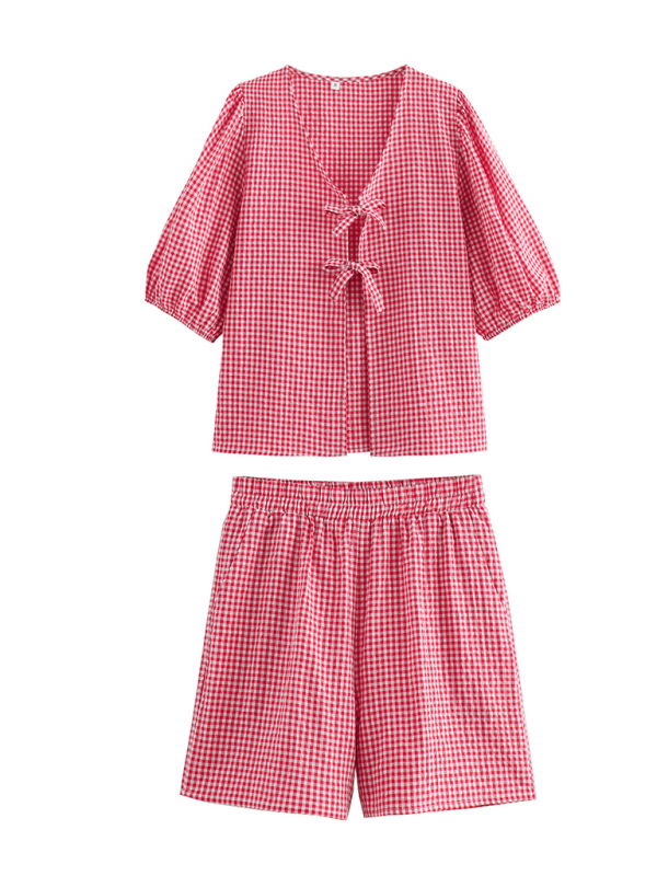 Levoire | Nouveaux ensembles de blouse de travail à lacets pour femmes + shorts à carreaux Roue