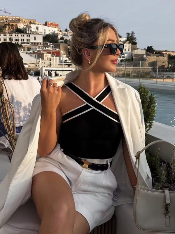 Levoire | Féminin Ajusté Ind contraste Tricoté Bretelles Pendule Débardeur T-Shirt Noir