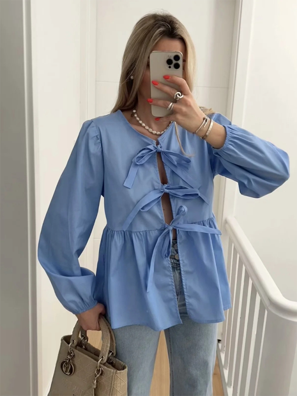 Levoire | Femme Mode de Rue Nœud Chemise à Manches Longues Bleu