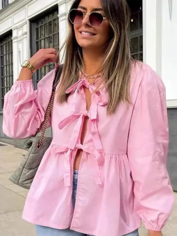 Levoire | Femme Mode de Rue Nœud Chemise à Manches Longues Rosa