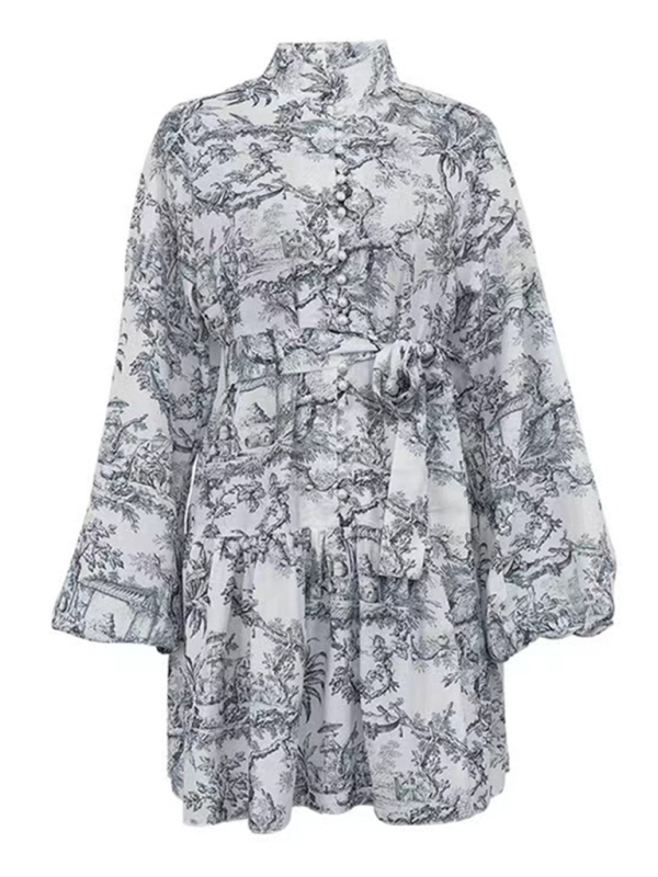 Levoire | Impression encre imprimée à manches bouffantes, col montant, robe rétro à lacets en A, courte