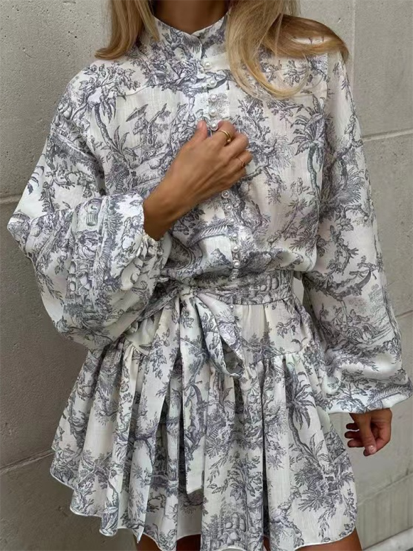 Levoire | Impression encre imprimée à manches bouffantes, col montant, robe rétro à lacets en A, courte Gris