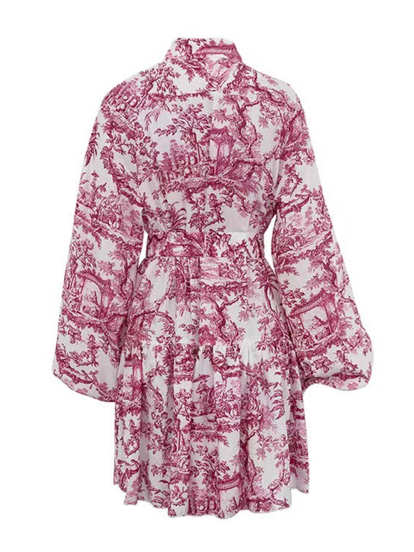 Levoire | Impression encre imprimée à manches bouffantes, col montant, robe rétro à lacets en A, courte