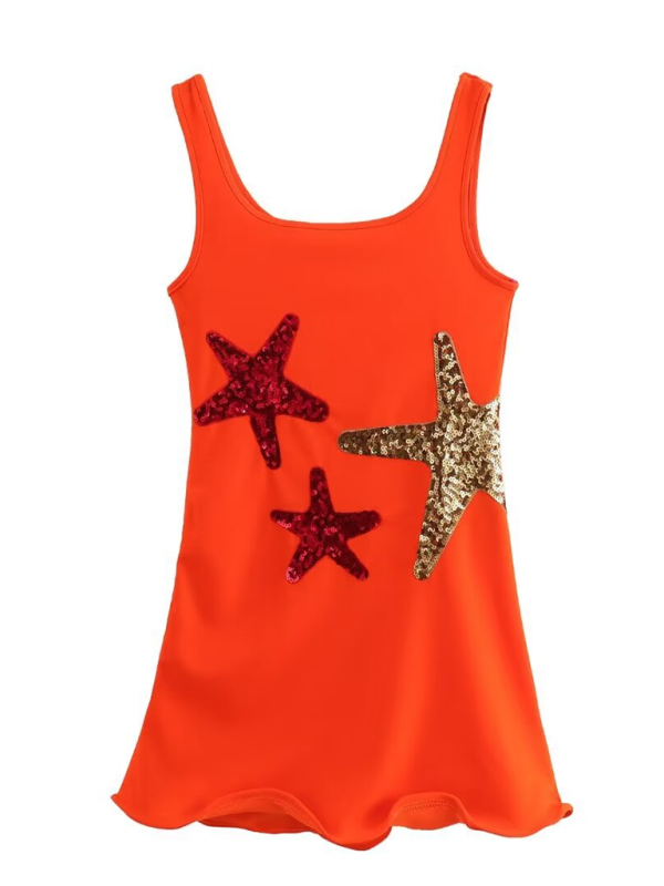 Levoire | Mode Irrévocable Brodé de Paillettes Robe Débardeur Court Orange Rouge