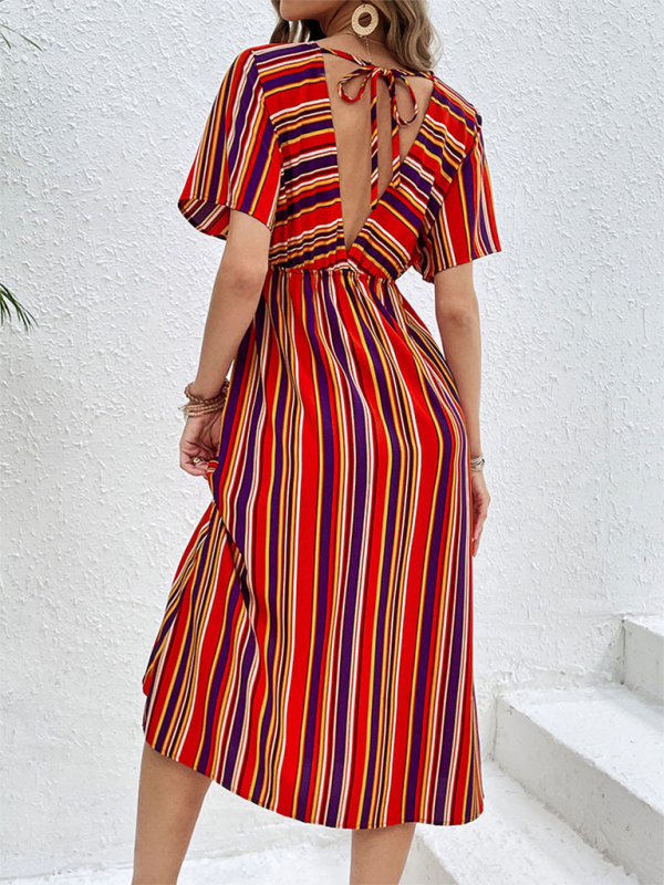 Levoire | Femmes Nouvelle Couleur Rayée Décontractée V-Cou Bouton Taille Haute Robe