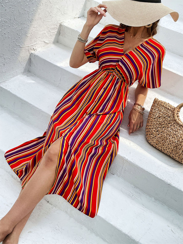 Levoire | Femmes Nouvelle Couleur Rayée Décontractée V-Cou Bouton Taille Haute Robe