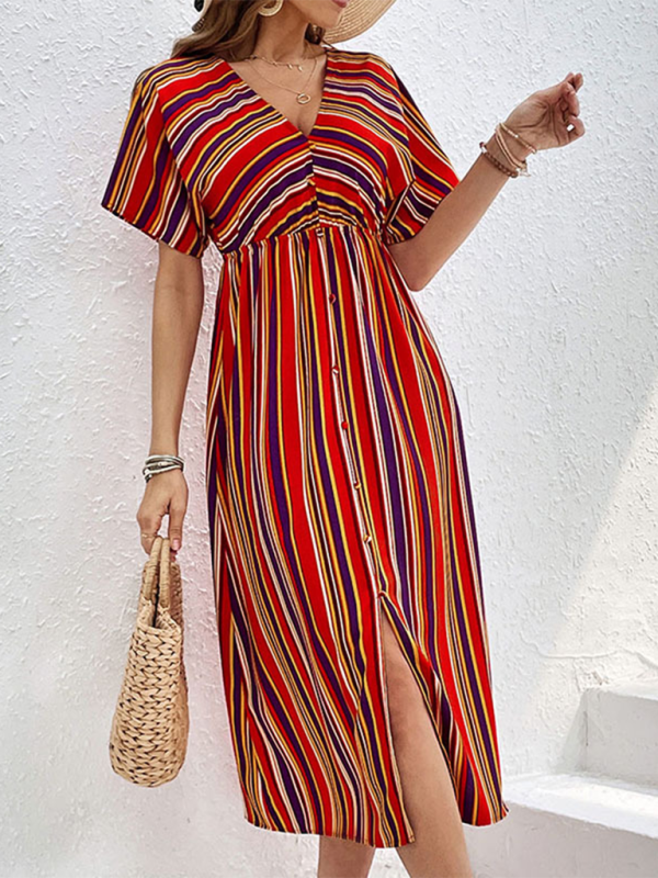 Levoire | Femmes Nouvelle Couleur Rayée Décontractée V-Cou Bouton Taille Haute Robe