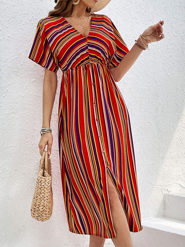 Levoire | Femmes Nouvelle Couleur Rayée Décontractée V-Cou Bouton Taille Haute Robe