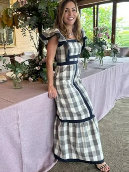 Levoire | Modish robe à encolure carrée avec patchwork contrasté Bleu