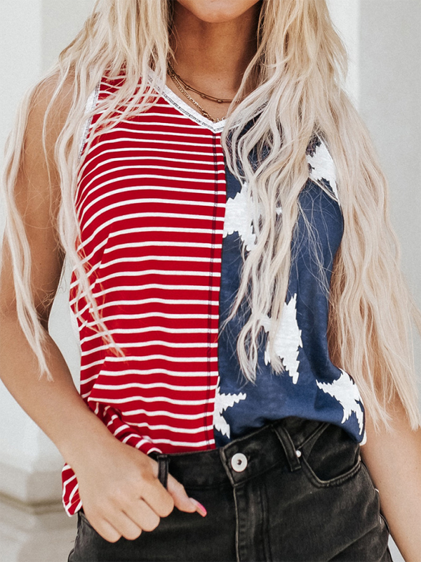 Levoire | Nouveau haut de t-shirt tendance à col U en blocs de couleur imprimé drapeau américain jour d'indépendance Rot