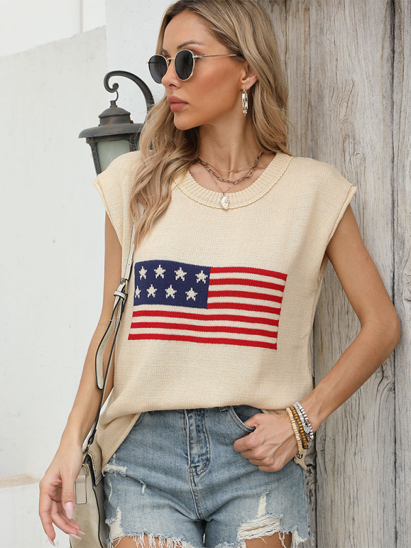 Levoire | Nouveau jour d'indépendance pull tricoté à col rond à manches courtes Cracker khaki