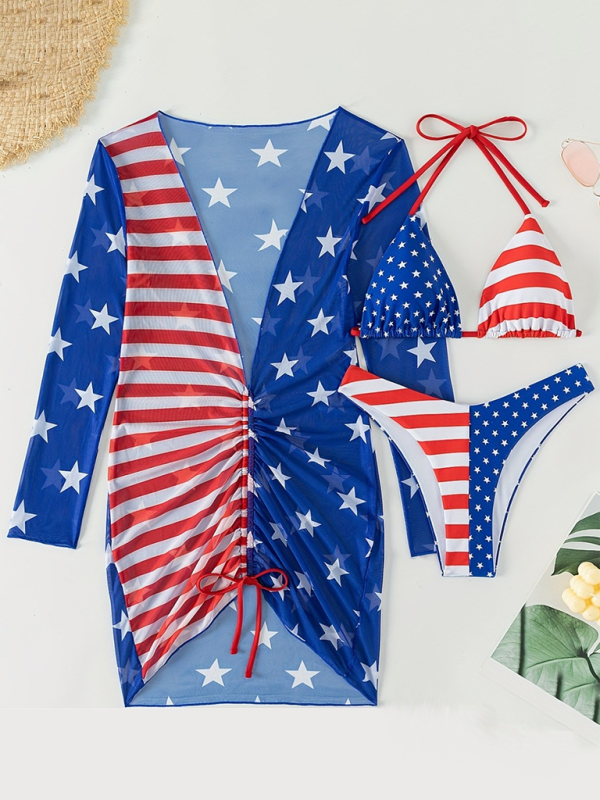 Levoire | Nouveau maillot de bain sans manches halterneck loose jour de l'indépendance drapeau imprimé fil ensemble trois pièces