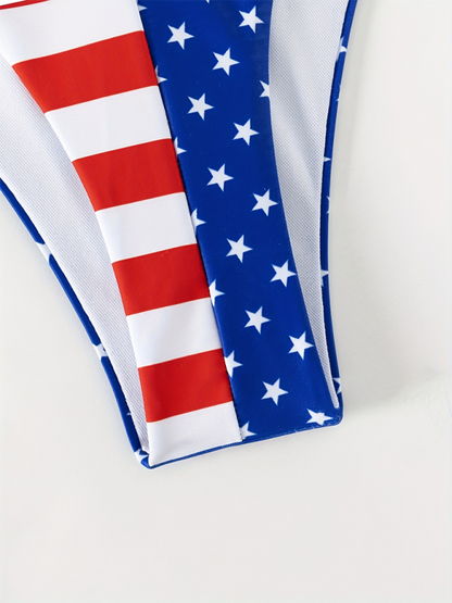 Levoire | Nouveau maillot de bain sans manches halterneck loose jour de l'indépendance drapeau imprimé fil ensemble trois pièces