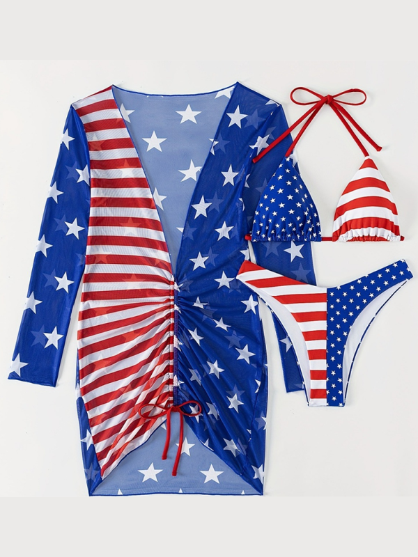 Levoire | Nouveau maillot de bain sans manches halterneck loose jour de l'indépendance drapeau imprimé fil ensemble trois pièces Bleu