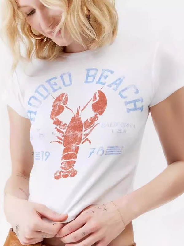 Levoire | Nouveau col rond imprimé court à manches courtes Slim-Fit t-shirt femme sexy ajusté Blanc