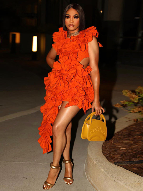 Levoire | Femmes nouvelle robe mini sans manches plissée dos nu volants irrégulière robe sexy Orange