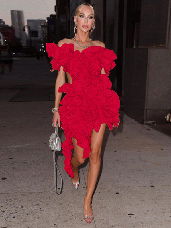 Levoire | Femmes nouvelle robe mini sans manches plissée dos nu volants irrégulière robe sexy Rot