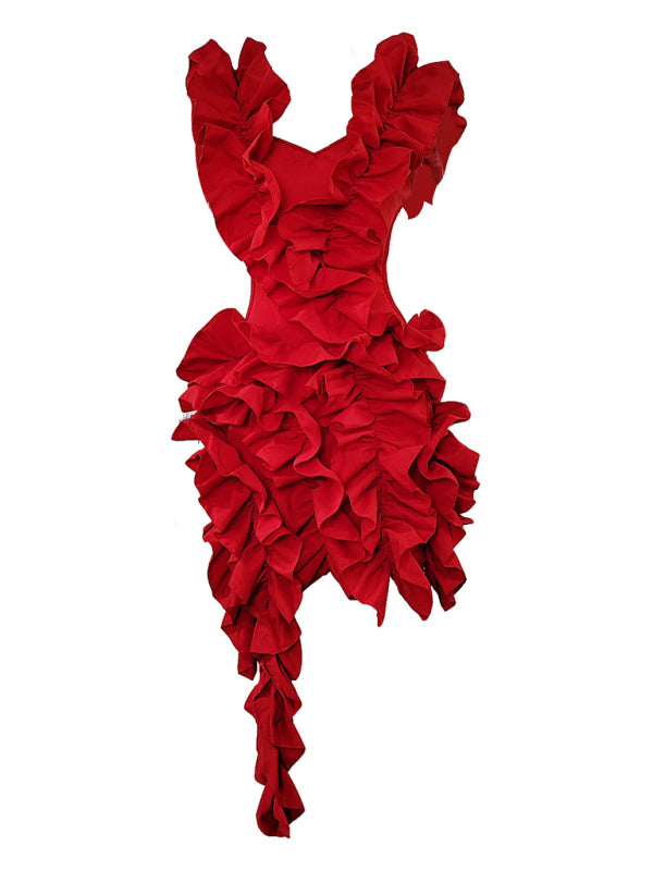 Levoire | Femmes nouvelle robe mini sans manches plissée dos nu volants irrégulière robe sexy