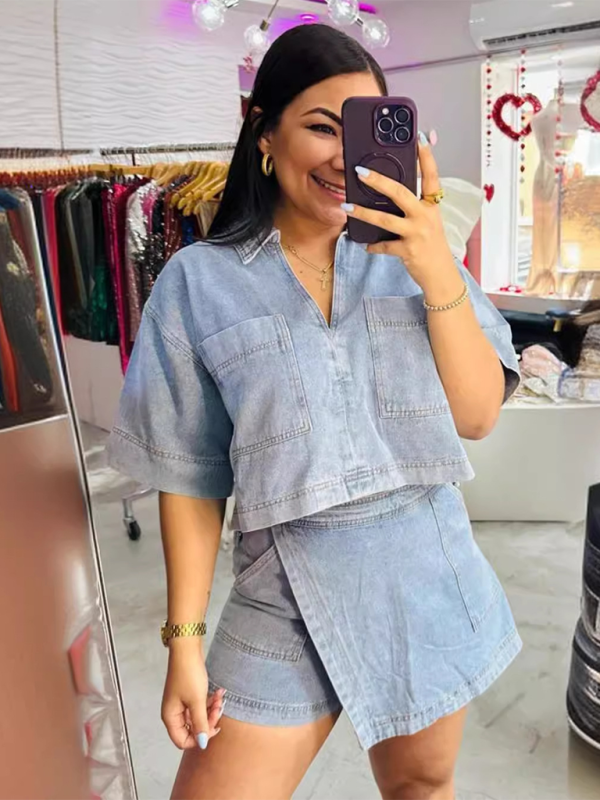 Levoire | Chemise POLO ample et étroite à manches courtes, jupe asymétrique et pantalon, ensemble deux pièces Bleu