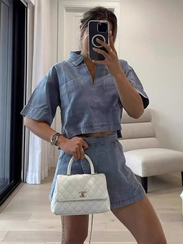 Levoire | Chemise POLO ample et étroite à manches courtes, jupe asymétrique et pantalon, ensemble deux pièces