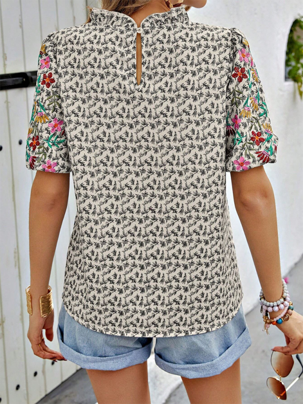 Levoire | Nouveau haut brodé imprimé avec boucle col roulé ondulé court bicolore