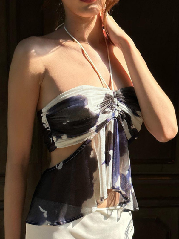 Levoire | Femme nouvelle combinaison de couleurs motif plissé top tube dos nu Pourpre bleu marine