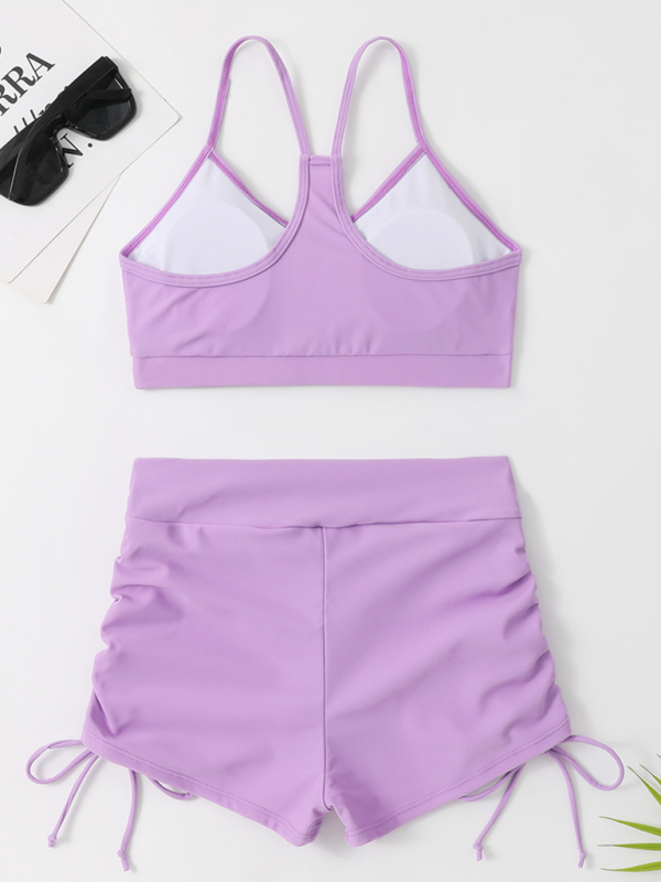 Levoire | Bikini uni sexy petit sein froncé taille haute couverture ventre maillot décolleté