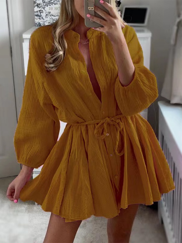 Levoire | Dame Tempérament Sexy Uni Slip Bouton Robe Feuille de Lotus Braun