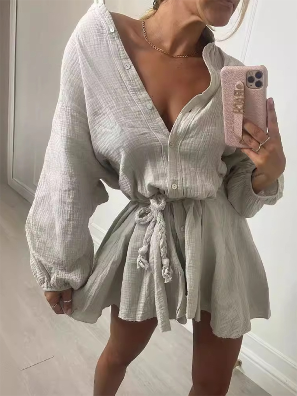 Levoire | Dame Tempérament Sexy Uni Slip Bouton Robe Feuille de Lotus Gris