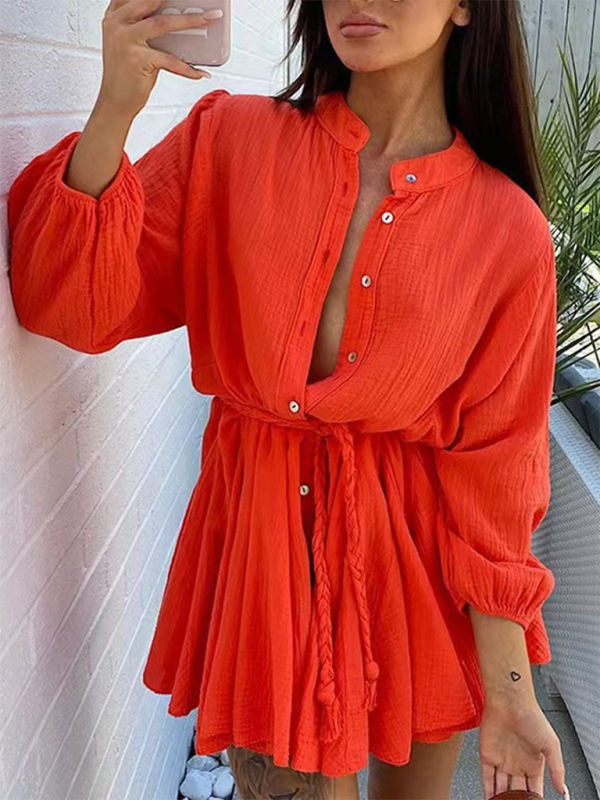 Levoire | Dame Tempérament Sexy Uni Slip Bouton Robe Feuille de Lotus Orange