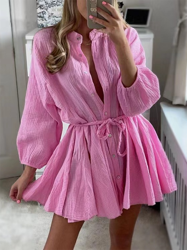 Levoire | Dame Tempérament Sexy Uni Slip Bouton Robe Feuille de Lotus Rosa