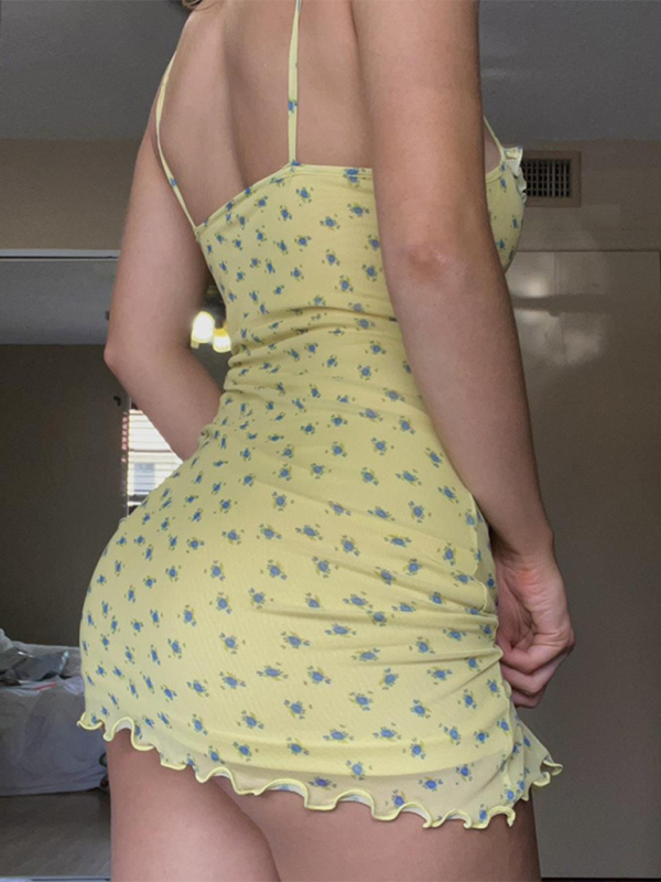 Levoire | Ruban à nœud floral Sangles pointues Robe Vacances Fille Sexy Robe en maille