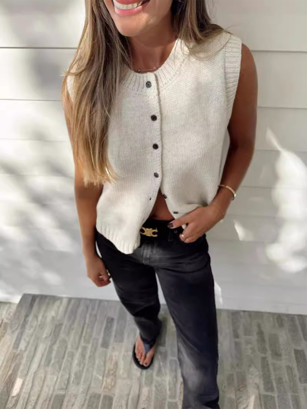 Levoire | Gilet tricoté décontracté polyvalent cardigan en tricot à un bouton Top Cracker kaki