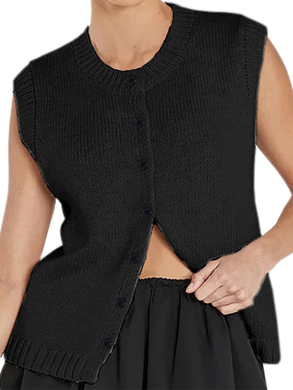 Levoire | Gilet tricoté décontracté polyvalent cardigan en tricot à un bouton Top Noir