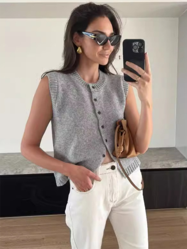 Levoire | Gilet tricoté décontracté polyvalent cardigan en tricot à un bouton Top Gris