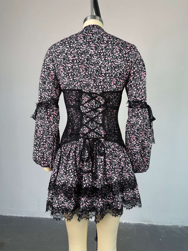 Levoire | Nouvelle robe courte à manches longues en dentelle douce et fraîche avec taille à imprimer