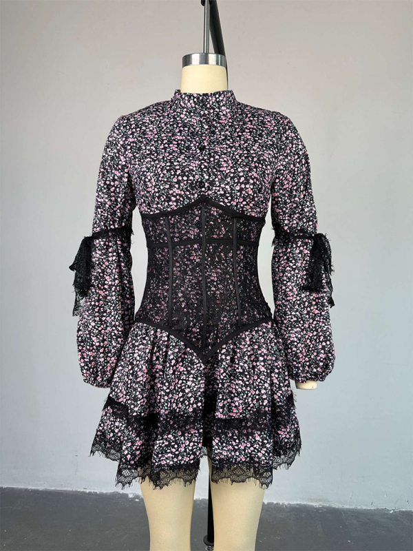 Levoire | Nouvelle robe courte à manches longues en dentelle douce et fraîche avec taille à imprimer