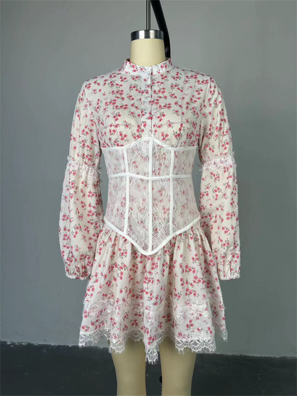 Levoire | Nouvelle robe courte à manches longues en dentelle douce et fraîche avec taille à imprimer