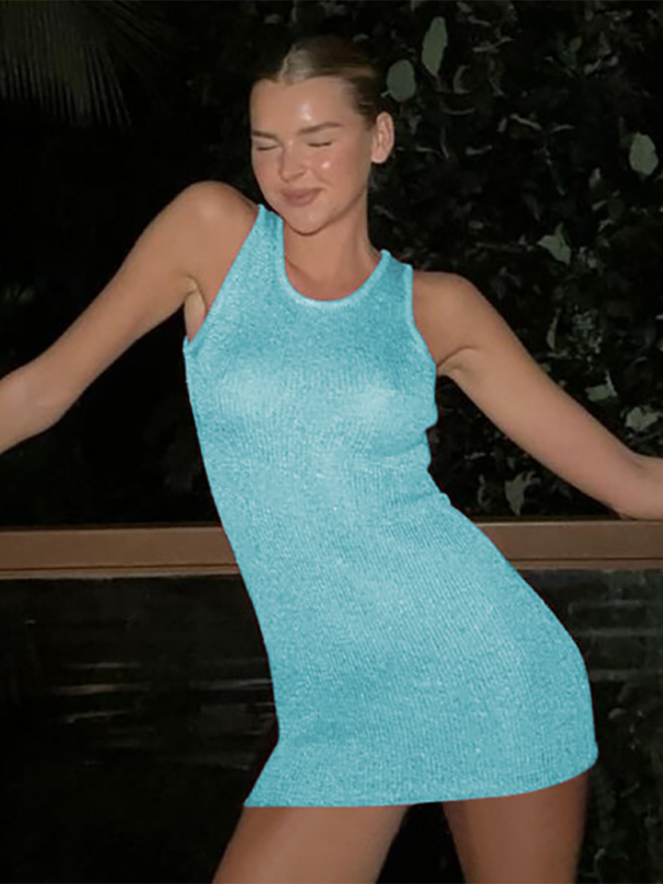 Levoire | Nouvelle mode sexy slim col rond sans manches robe en laine Bleu