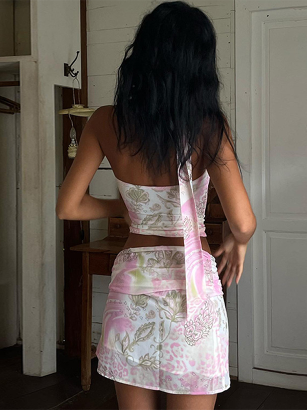 Levoire | Culture de rue Framboise Halterneck Gilet Court Hanche Imprimé Robe Ensemble